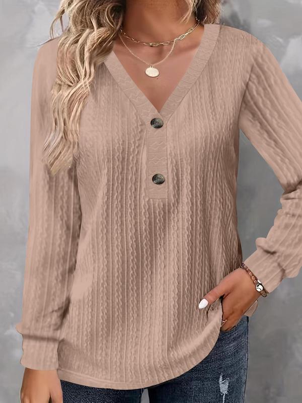  Solid Textured Button Front V Neck Tee, Casual Long Sleeve T-shirt for Fall & Winter, T Shirts for Women, Women's Clothing for Daily Wear, Fall Outfits, Fallfreshness