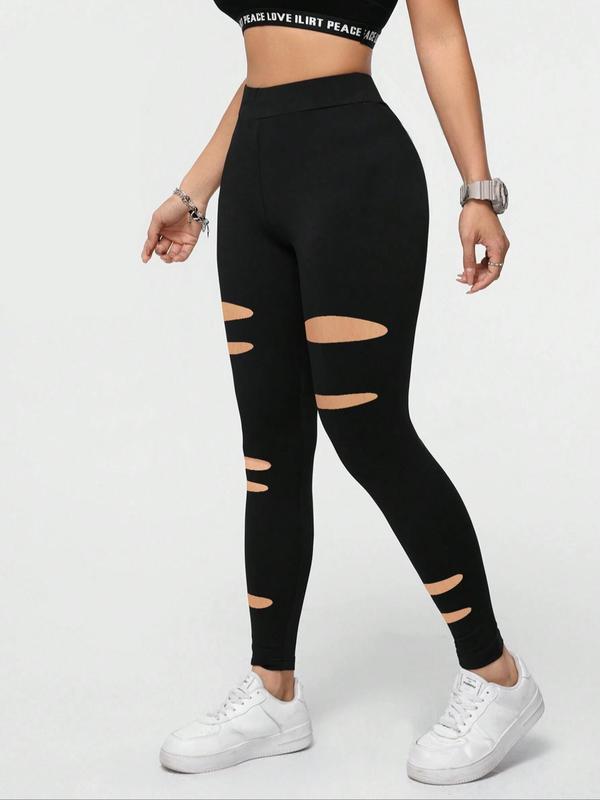 Women's Plain Cut Out High Waist Leggings, Casual Comfy Breathable Skinny Pants for Daily Wear, Ladies Bottoms for All Seasons