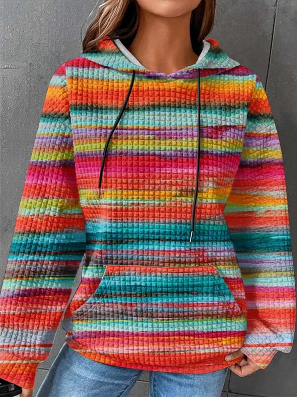  Rainbow Stripe Print Drop Shoulder Hoodie, Fashion Casual Drawstring Pocket Hooded Sweatshirt for Daily Holiday Outdoor Wear, Women Clothing for Fall & Winter