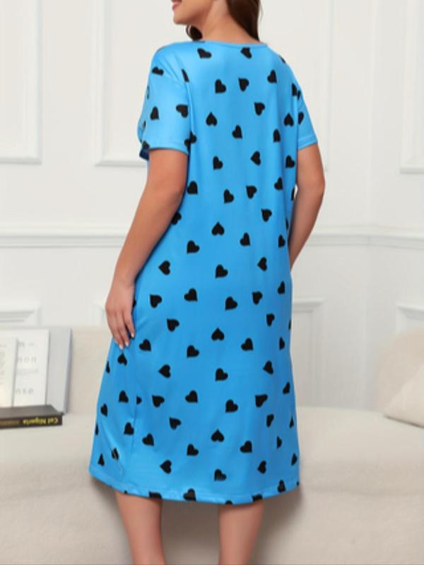  All Over Heart & Polka Dot Print Drop Shoulder Nightdress, Casual Comfy Short Sleeve Round Neck Nightgown for Women, Women's Plus Size Sleepwear for All Seasons