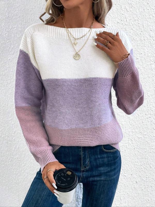 Women's Colorblock Drop Shoulder Sweater, Casual Long Sleeve Boat Neck Jumper for Fall & Winter, Fashion Ladies' Knitwear for Daily Wear