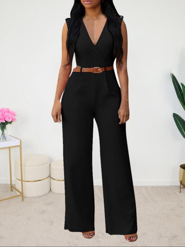 Women's Solid Belted Pocket Wide Leg Jumpsuit, Elegant Deep V Neck Sleeveless Jumpsuit for Work Office Business, Ladies Summer Clothes