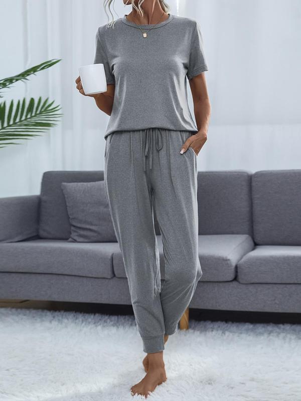 Women's  Casual Comfortable 2 Piece Wear, Solid Round Neck Short Sleeve T-shirt & Cropped Pocket Drawstring Pants Loungewear Set, Summer Wear, Lounge Set, Summer Clothes, Women Pajama Nightwear, Lady's Pj Set