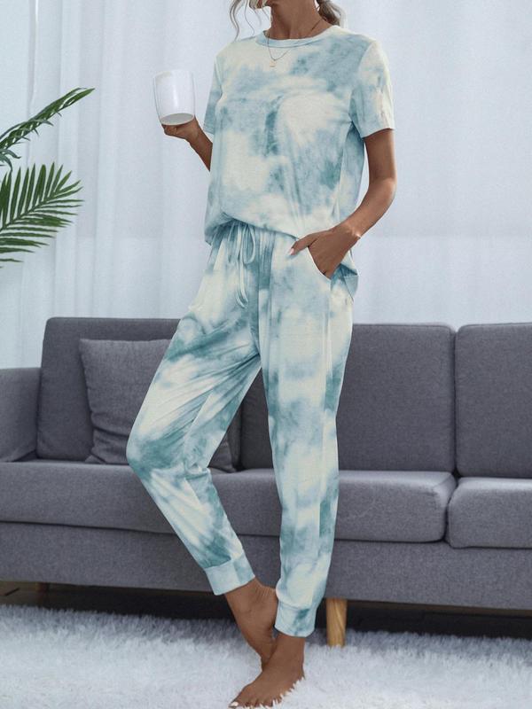 Women's  Casual Comfortable 2 Piece Wear, Solid Round Neck Short Sleeve T-shirt & Cropped Pocket Drawstring Pants Loungewear Set, Summer Wear, Lounge Set, Summer Clothes, Women Pajama Nightwear, Lady's Pj Set