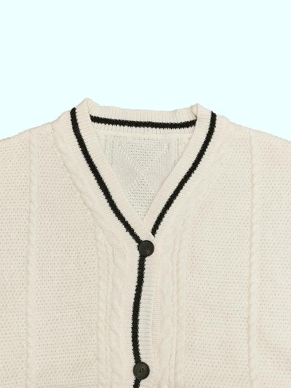 Women's Star & Letter Embroidery Textured Button Front Cable Knit Cardigan, Casual Drop Shoulder Long Sleeve V Neck Cardigan, Women's Knitwear for Fall & Winter