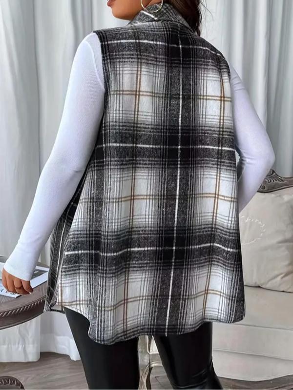  Plaid Print Button Front Waistcoat, Casual Sleeveless Collared Outerwear for Spring & Fall, Women's Plus Size Clothes for Daily Wear, Womenswear