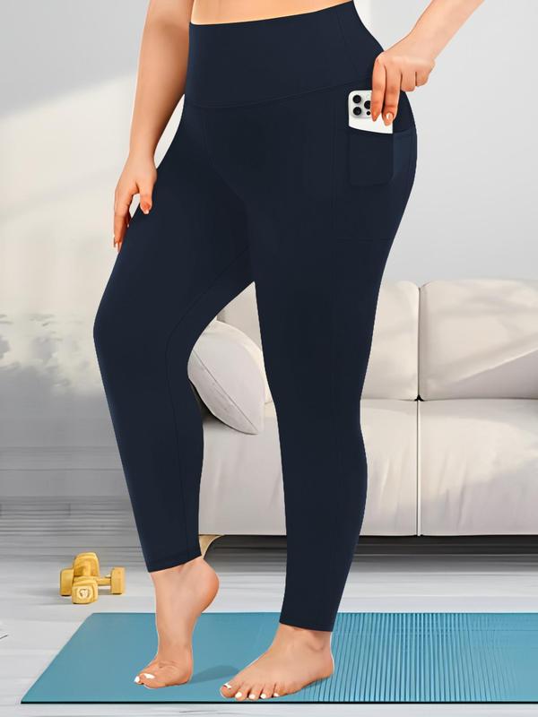 Plus Size Solid Pocket High Waist Leggings, Casual Comfy High Stretch Skinny Pants for Women, Women's Bottoms for All Seasons, Tiktop Shop