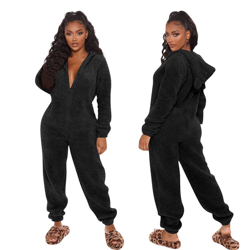 Plush Women's One Piece Nightgown Long Sleeve Jumpsuit Sweater Pullover Warm Home Wear Ladies Hoodie Adult Front Plush Totally and Onesies for New Fashion Pajamas Casual Plush Homewear Pajamas Hooded Jumpsuit