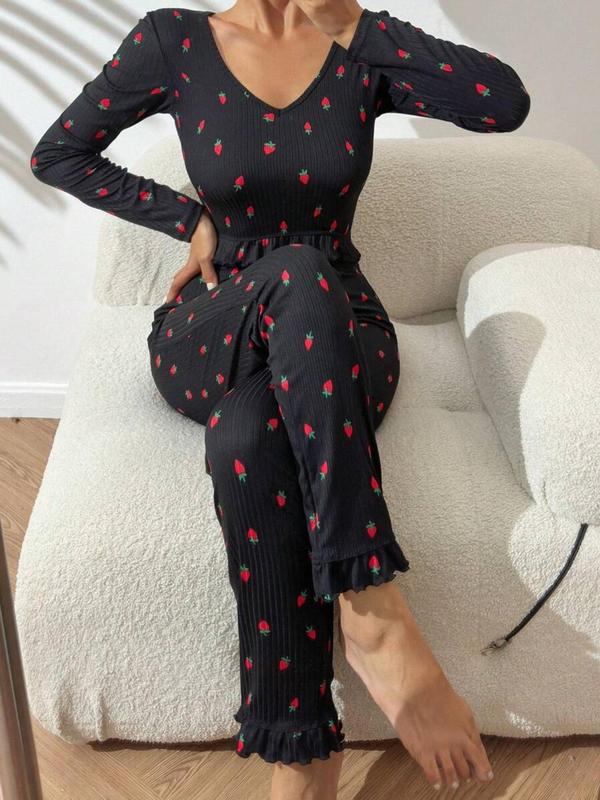 Two-Piece Set Women's Strawberry Print Ruffle Hem Pyjama, Casual Comfy V Neck Long Sleeve Top & Pants PJ Set, Women's Sleepwear for Spring & Fall