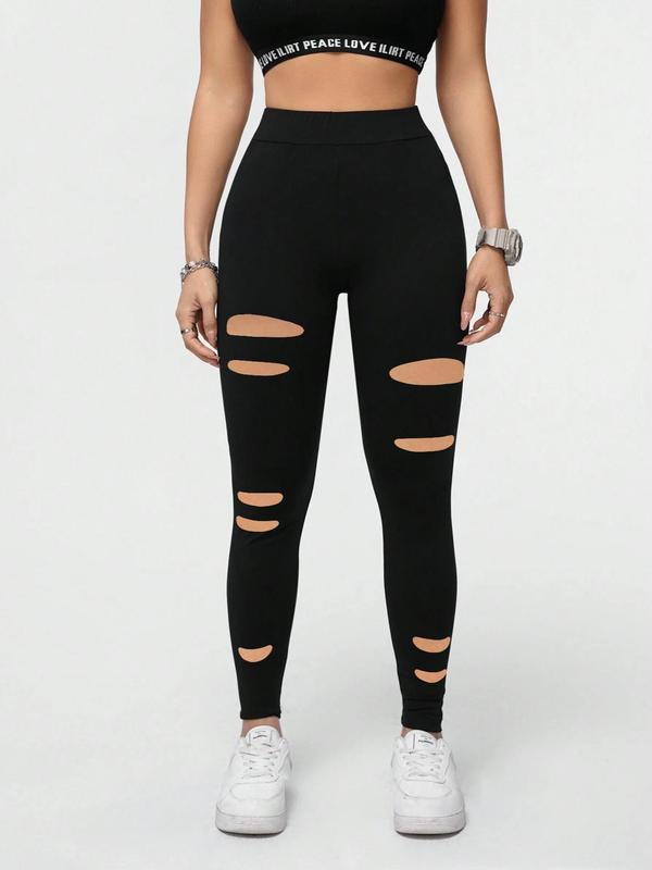 Women's Plain Cut Out High Waist Leggings, Casual Comfy Breathable Skinny Pants for Daily Wear, Ladies Bottoms for All Seasons