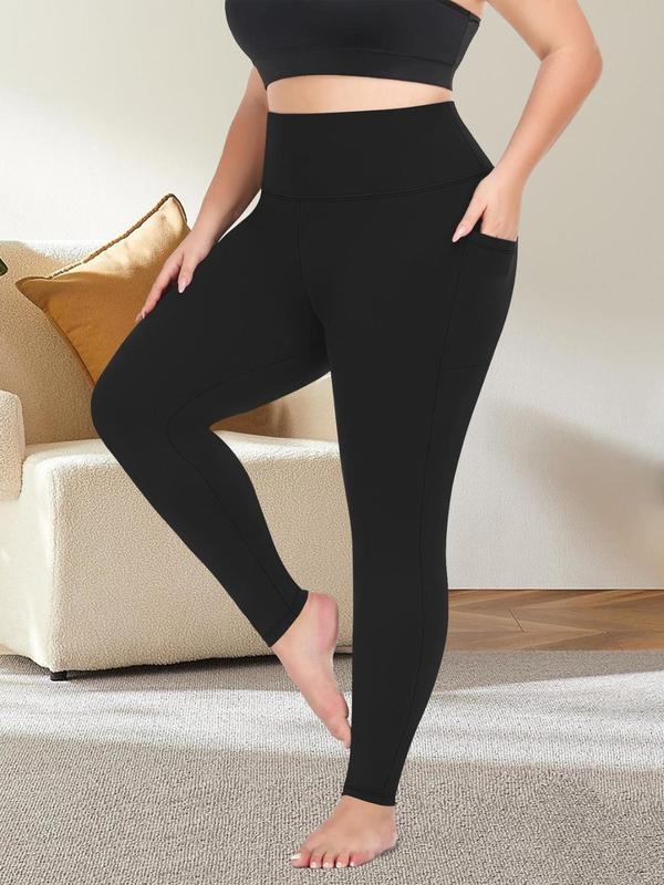 Plus Size Solid Pocket High Waist Leggings, Casual Comfy High Stretch Skinny Pants for Women, Women's Bottoms for All Seasons, Tiktop Shop