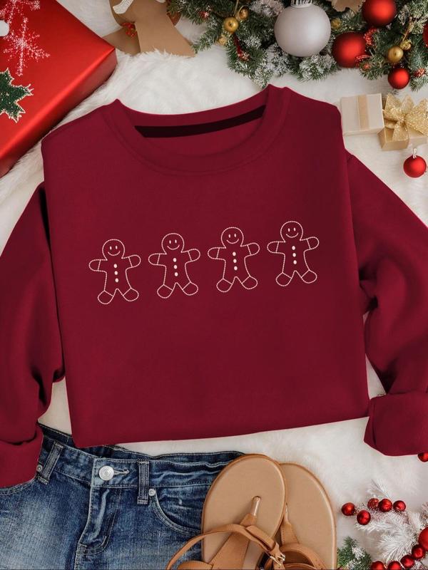 Women's Gingerbread Man Print Crew Neck Pullover, Casual Long Sleeve Sweatshirt for Daily Wear, Ladies Clothes for Winter