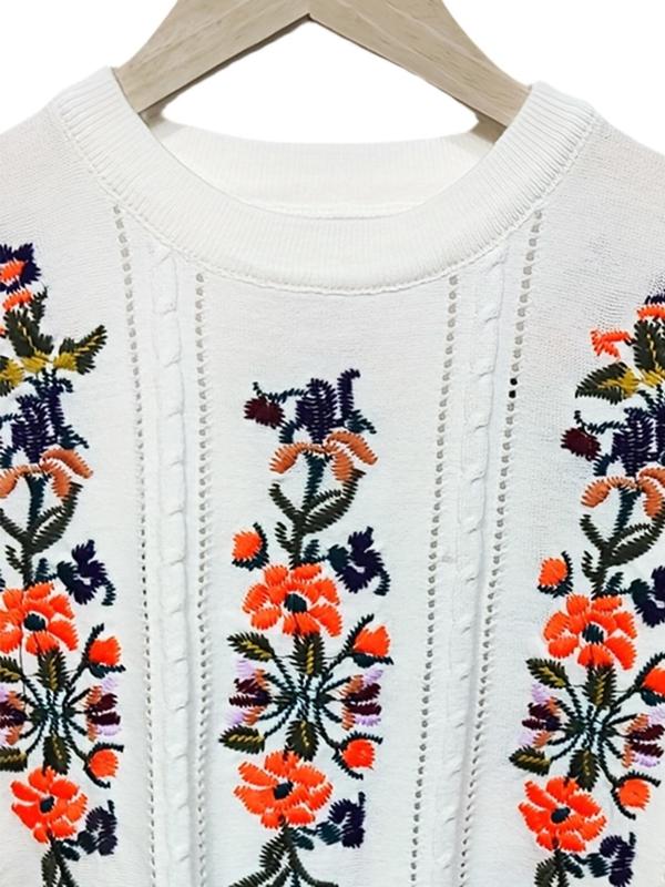 Women's Floral Embroidery Puff Sleeve Knit Top, Girly Clothing, Casual Hollow Out Short Sleeve Knitwear for Summer,  Tank Tops, Summer Clothes, Fashion Women's Knit Clothing for Daily Wear