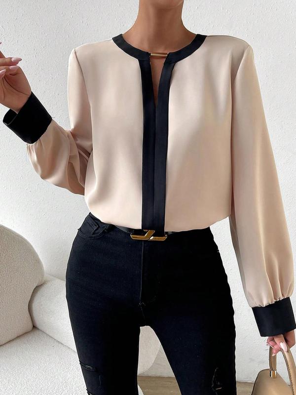 Women's Contrast Binding Cut Out Satin Blouse, Elegant Long Sleeve Keyhole Neck Top for Fall, Ladies Clothes for Work Office Business