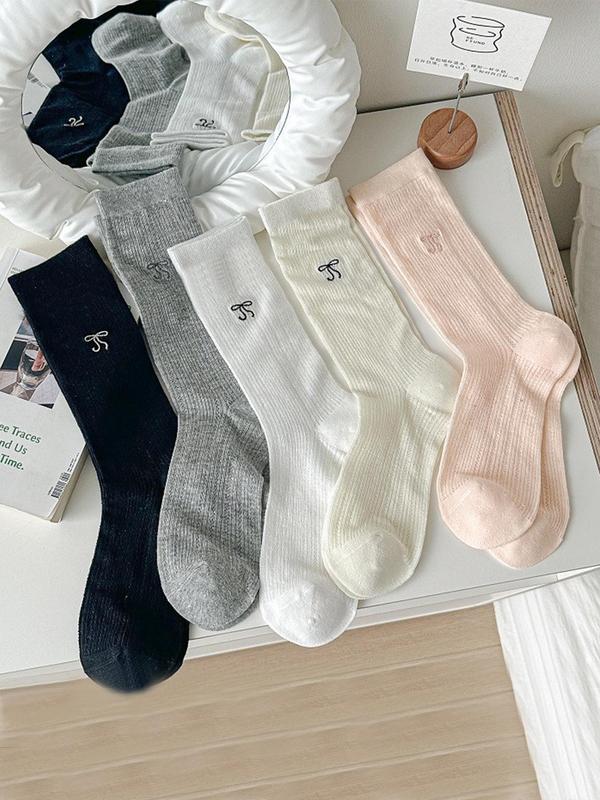 Women's Bow Embroidery Bow Over The Calf Socks, Casual Comfortable Breathable Socks for Daily Wear, Women's Socks for All Seasons