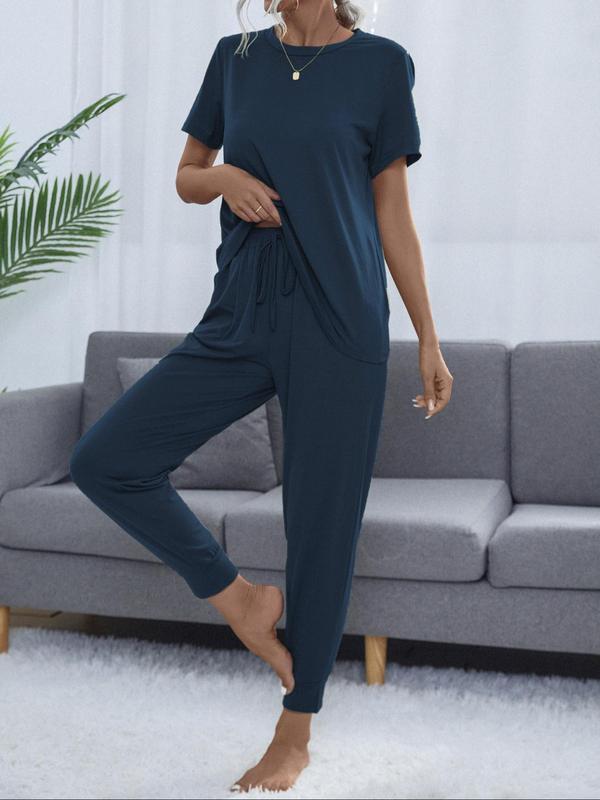 Women's  Casual Comfortable 2 Piece Wear, Solid Round Neck Short Sleeve T-shirt & Cropped Pocket Drawstring Pants Loungewear Set, Summer Wear, Lounge Set, Summer Clothes, Women Pajama Nightwear, Lady's Pj Set