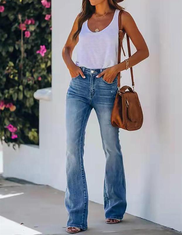 Women's Flare Bell Bottom Jeans Mid Waisted Wide Leg Bootcut Jeans Casual Stretchy Denim Pants