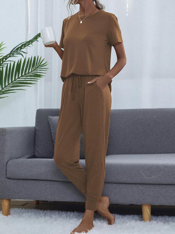 Women's  Casual Comfortable 2 Piece Wear, Solid Round Neck Short Sleeve T-shirt & Cropped Pocket Drawstring Pants Loungewear Set, Summer Wear, Lounge Set, Summer Clothes, Women Pajama Nightwear, Lady's Pj Set