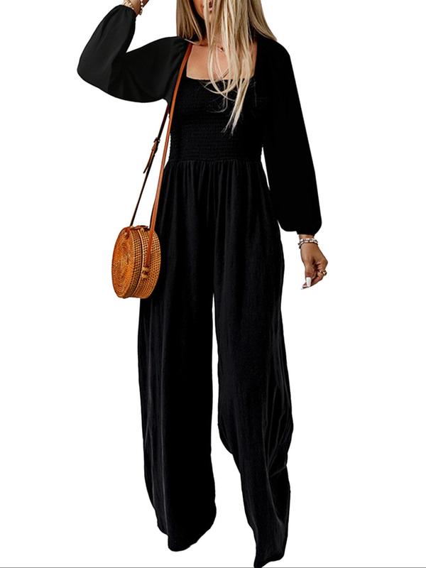 Women's Solid Shirred Pocket Wide Leg Jumpsuit, Casual Long Sleeve Square Neck Jumpsuit for Spring, Fashion Women's Jumpsuit for Daily Wear