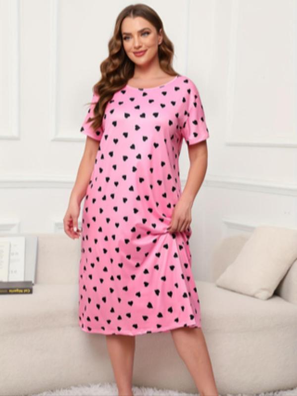  All Over Heart & Polka Dot Print Drop Shoulder Nightdress, Casual Comfy Short Sleeve Round Neck Nightgown for Women, Women's Plus Size Sleepwear for All Seasons