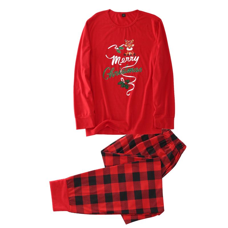 Red Christmas Parent-child Nightwear Set, Red Plaid and Letters Printed Pattern Long Sleeve Tops and Pants