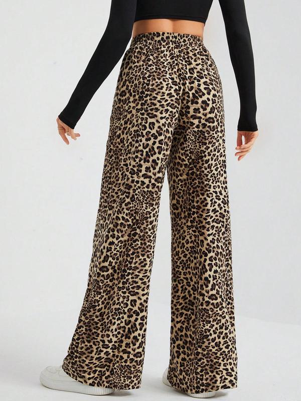 Women's Leopard Print Patched Elastic Waist Wide Leg Pants, Casual Comfy Trousers for Daily Wear, Ladies Bottoms for Fall & Winter