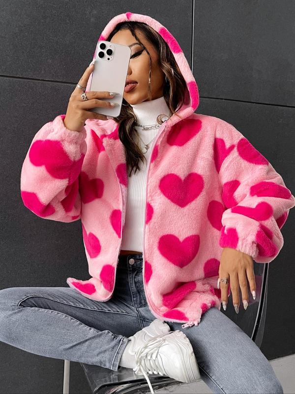 Unisex's Heart Print Drop Shoulder Zip Up Flannel Hooded Jacket, Fashion Casual Long Sleeve Thermal Lined Hooded Outerwear for Daily Outdoor Wear, Winter Clothes Women, Unisex's Clothing for Fall & Winter