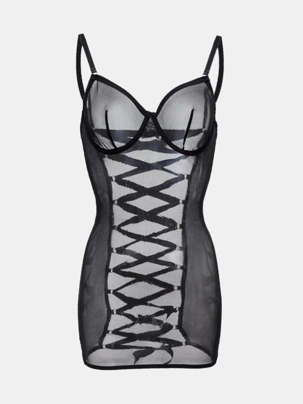 Women's Lace Up Sheer Mesh Sexy Lingerie Dress, Romantic Adjustable Strap Backless Cami Nightdress, Ladies Nightwear for All Seasons