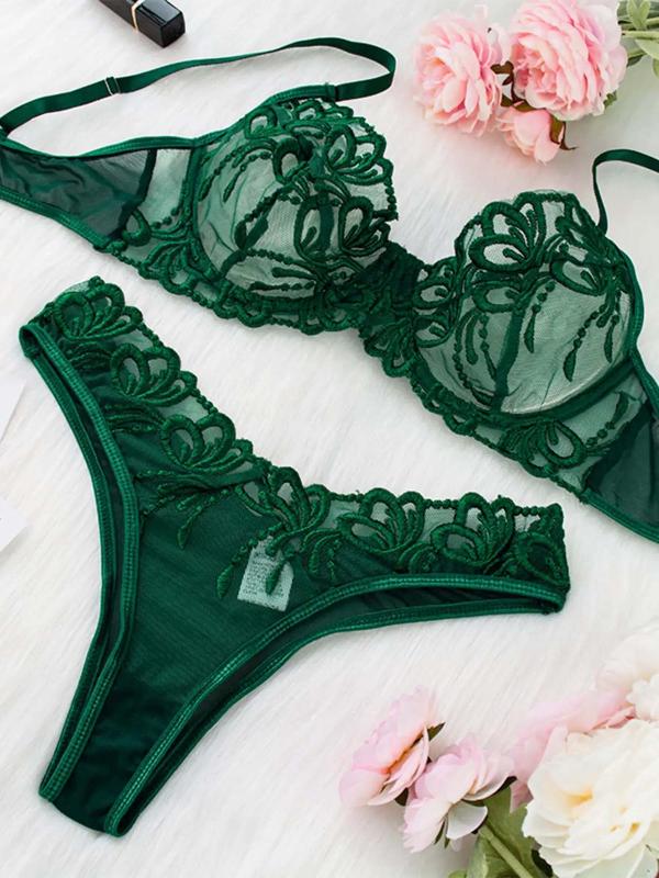 Women's Floral Embroidery Contrast Lace Sheer Bra & High Waist Thong Two-piece Set, Adjustable Strap Lingerie Set, Soft Comfy Breathable Underwear Set for Women