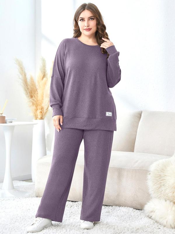  Solid Patched Crewneck Sweatshirt & Wide Leg Pants Suits Set, Casual Comfort Round Neck Top & Straight Leg Trousers for Lady Fall & Winter, Plus Size Clothes for Women, 2 Piece Sets Women, Fall Clothing Women