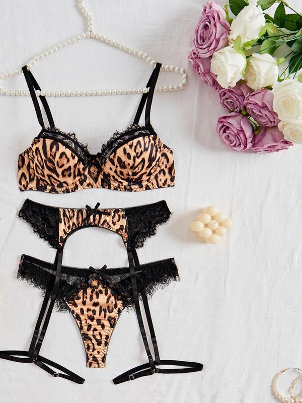 Women's Leopard Print Contrast Lace Bra & Thong & Garter Belt Three-Piece Set, Sexy Comfy Breathable Lingerie Set for Daily Wear, Women's Underwear Set for All Seasons