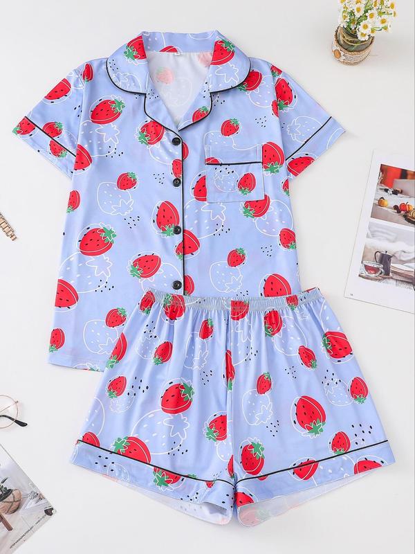 2 Piece Set Women's All Over Print Contrast Binding Pajama Set, Cute Button Front Shirt & Elastic Waist Shorts, Summer Wear 2024, Women Nightwear, Back To School Wear, Summer Lounge Set