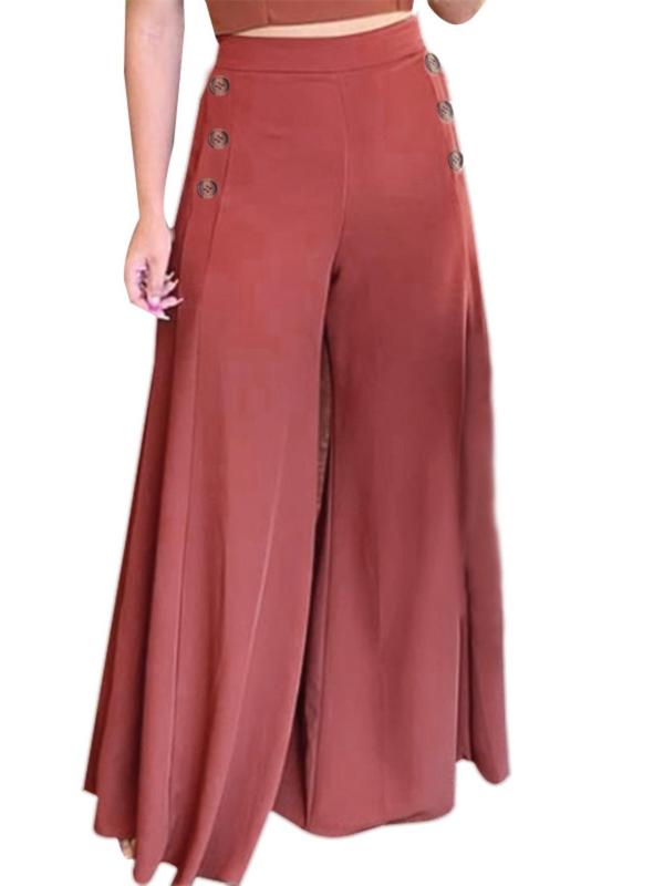 Women's Solid Button Wide Leg Trousers, Casual Comfy Palazzo Pants for Daily Wear, Ladies Bottoms for All Seasons