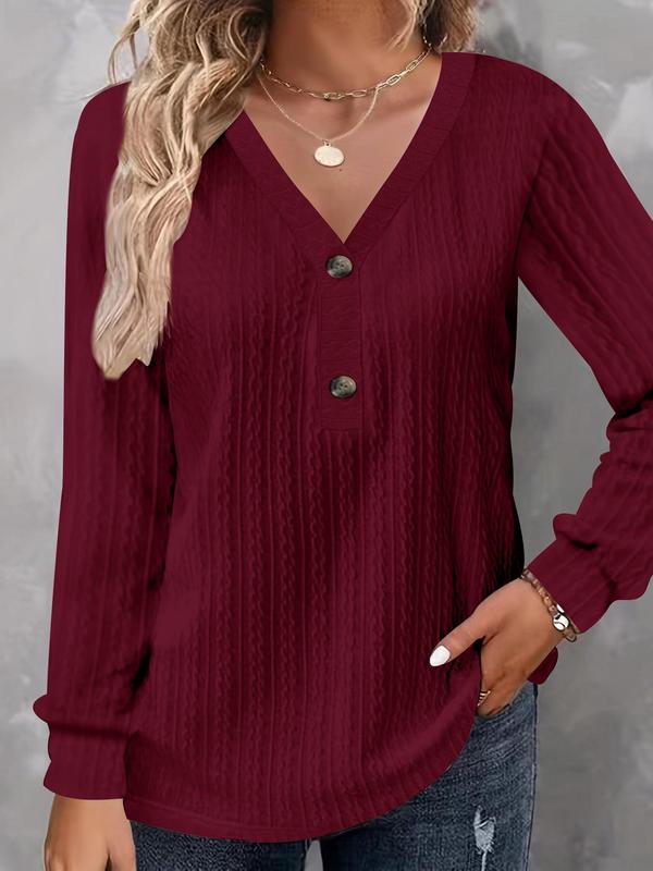  Solid Textured Button Front V Neck Tee, Casual Long Sleeve T-shirt for Fall & Winter, T Shirts for Women, Women's Clothing for Daily Wear, Fall Outfits, Fallfreshness