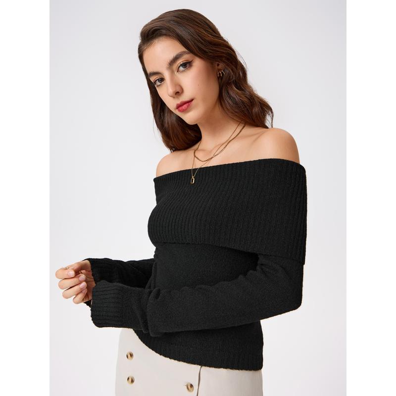 Cider [6 colors, size 0-26] Off-shoulder Knitted Long Sleeve Top