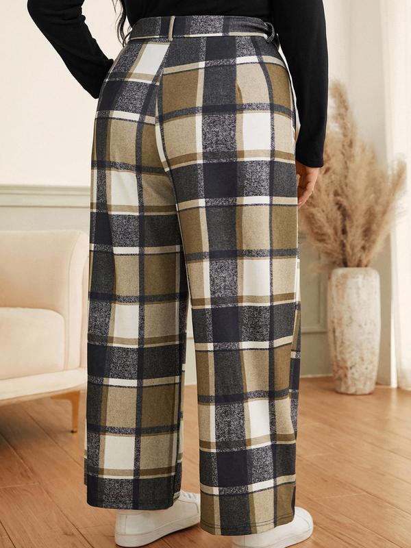 CURVZY Plus Size Plaid Print Button Pocket Wide Leg Pants, Casual Comfy Trousers for Daily Wear, Women's Bottoms for All Seasons