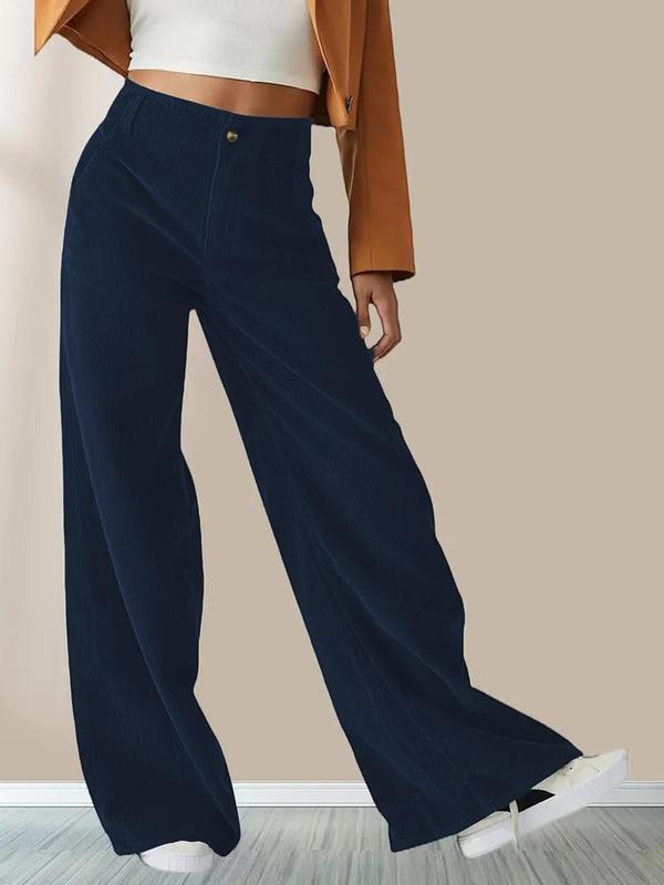 Women's Solid Corduroy Flare Leg Pants, Casual Comfy Trousers for Fall & Winter, Button Waist Design Women's Bottoms for Daily Wear