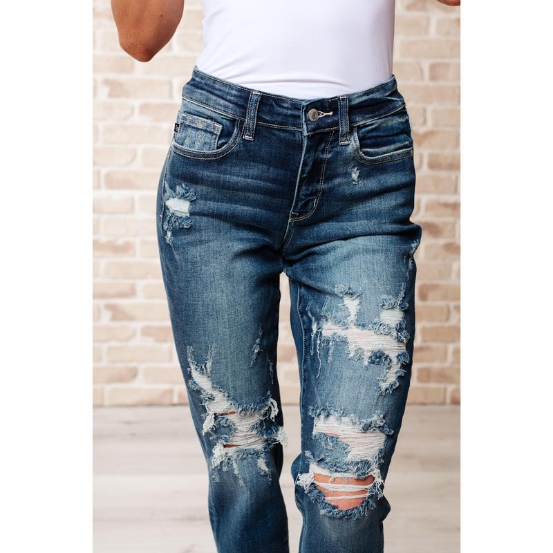 Judy Blue Mid Rise Cuffed Destroyed Boyfriend Jeans 82427 Stretchy Denim (Reg & Curvy) can be uncuffed - Please Size down 1 from street size - run generously