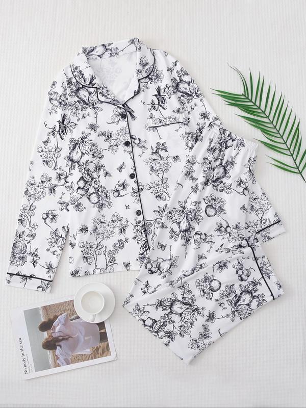 Two Counts Women's Simple Floral Print Contrast Binding Lapel Shirt & Shorts Pajama Loungewear Set, Comfort Button Front Long Sleeve Top & Elastic Waist Shorts Pj Set for Women, Pajama Sets Women, Fall Sleepwear Nightwear Set, Fall Wear