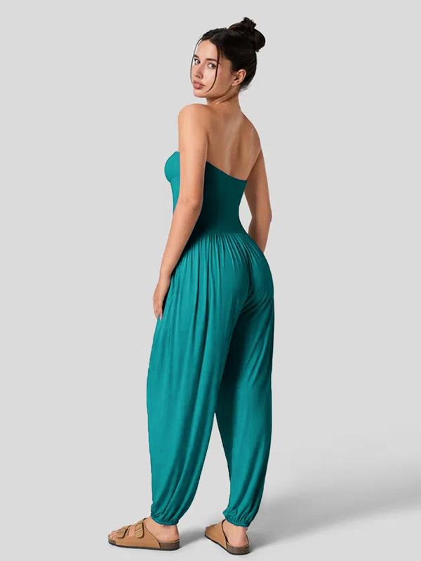 Women's Solid Backless Pocket Tube Jumpsuit, Casual Basic Minimalist Strapless Jumpsuit for Summer, Ladies Clothes for Daily Wear