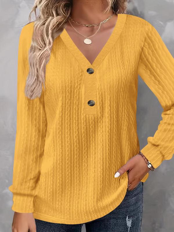  Solid Textured Button Front V Neck Tee, Casual Long Sleeve T-shirt for Fall & Winter, T Shirts for Women, Women's Clothing for Daily Wear, Fall Outfits, Fallfreshness