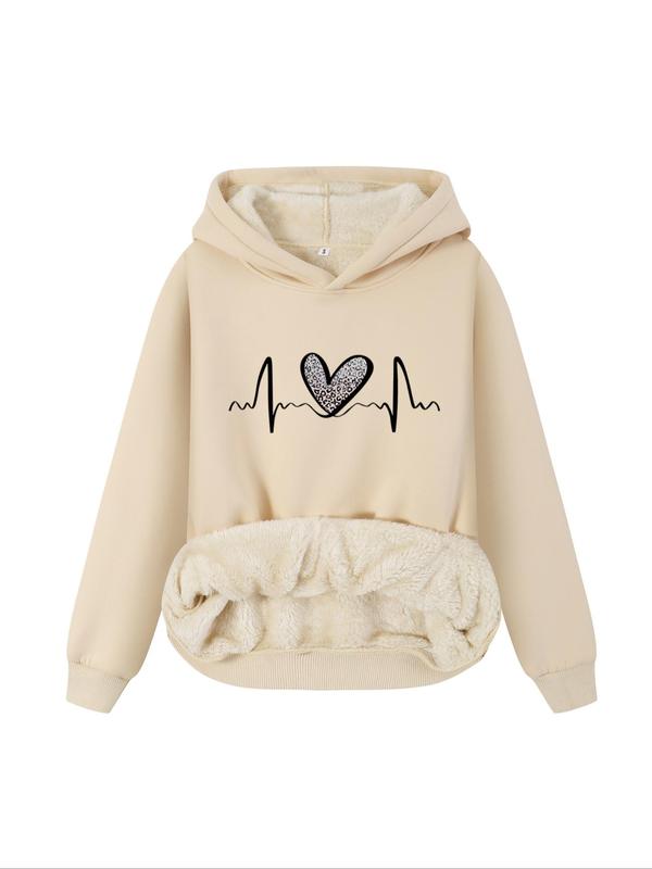 Women's Heart Print Plush Lined Hoodie, Casual Long Sleeve Hooded Sweatshirt for Fall & Winter, Ladies  Clothes for Daily Wear