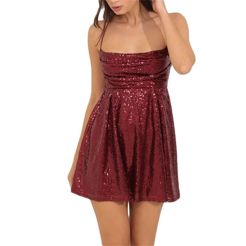 Women s Sexy Sequin Halter Mini Dress Backless Glitter Spagetti Straps Ruched Sparkly Swing A-Line Dinner Dress